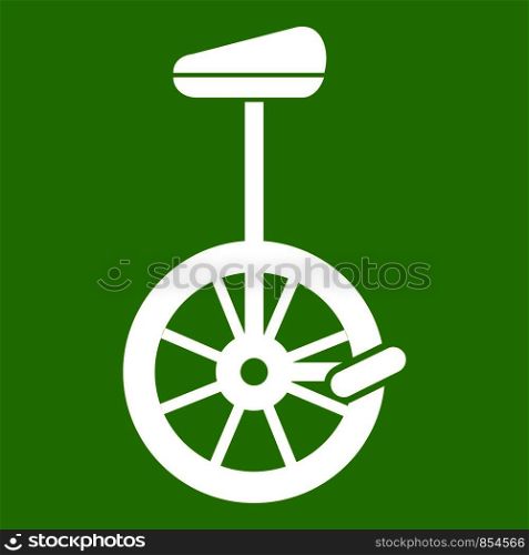 Unicycle icon white isolated on green background. Vector illustration. Unicycle icon green