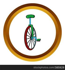 Unicycle or one wheel bicycle vector icon in golden circle, cartoon style isolated on white background. Unicycle or one wheel bicycle vector icon