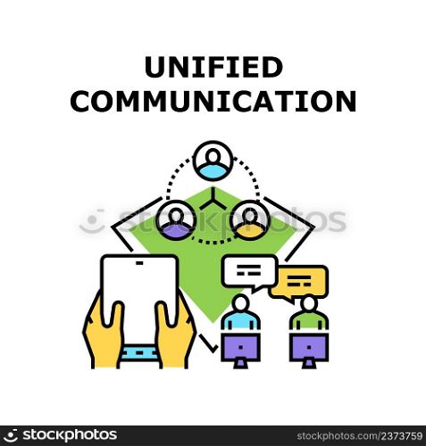 Unified Communication Vector Icon Concept. Team And Co-workers Unified Communication, Network Internet Connection For Communicate And Conversation Online. Business Technology Color Illustration. Unified Communication Vector Color Illustration