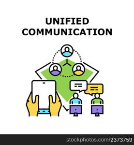 Unified Communication Vector Icon Concept. Team And Co-workers Unified Communication, Network Internet Connection For Communicate And Conversation Online. Business Technology Color Illustration. Unified Communication Vector Color Illustration