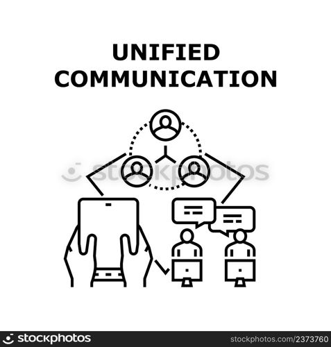 Unified Communication Vector Icon Concept. Team And Co-workers Unified Communication, Network Internet Connection For Communicate And Conversation Online. Business Technology Black Illustration. Unified Communication Vector Black Illustration