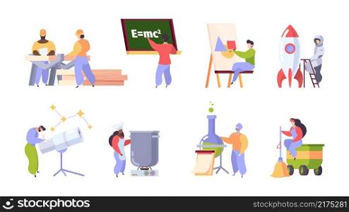 Uniform professional people. Labour persons chef teacher various profession workers characters garish vector illustrations collection. Teacher and worker builder, scientist and chef. Uniform professional people. Labour persons chef teacher various profession workers characters garish vector illustrations collection