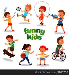 Uniformed happy kids playing sports. Active children vector characters. Happy kids cartoon, illustration of character sport kids. Uniformed happy kids playing sports. Active children vector characters