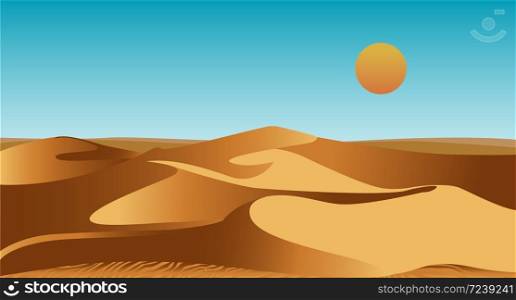 Uninhabited African desert with sand dunes and scorching sun in sky. Summer landscape or scenery with barchans. Natural decorative background template. Colorful flat cartoon vector illustration.. Uninhabited African desert with sand dunes and scorching sun in sky