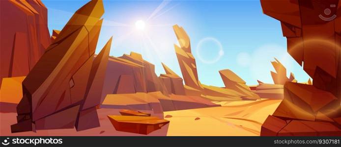 Uninhabited desert landscape under blazing sun in blue sky. Vector cartoon illustration of rocky canyon, cliffs and sand, view from mountain cave, alien planet territory with stones. Game background. Uninhabited desert landscape under blazing sun