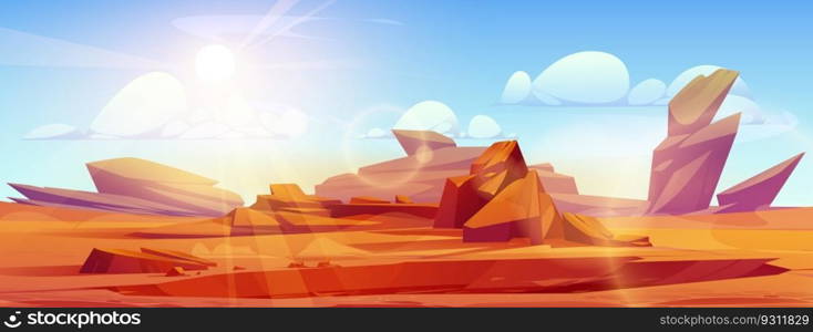 Uninhabited desert landscape under blazing sun in blue sky. Vector cartoon illustration of rocky canyon, cliffs and sand, hot red rock cliff, empty alien planet territory with stones. Game background. Uninhabited desert landscape under blazing sun