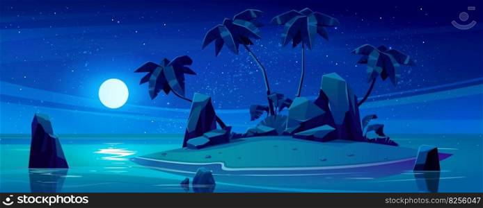 Uninhabited tiny tropical isle vector landscape at night. Dark small island with palm tree, rock and sand beach concept with dark starry sky and full moon light cartoon background. Calm ocean water. Night uninhabited tropical isle vector landscape