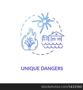 Unique dangers blue concept icon. Forest fire damage. Water flood in village. Poisonous bug. Country cataclysm idea thin line illustration. Vector isolated outline RGB color drawing. Unique dangers blue concept icon