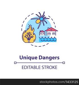 Unique dangers concept icon. Forest fire. Water flood in village. Poisonous bug. Country cataclysm idea thin line illustration. Vector isolated outline RGB color drawing. Editable stroke. Unique dangers concept icon