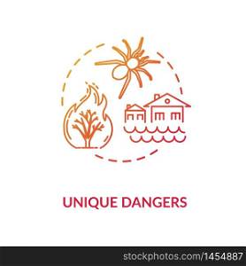 Unique dangers red concept icon. Forest fire damage. Water flood in village. Poisonous bug. Country cataclysm idea thin line illustration. Vector isolated outline RGB color drawing. Unique dangers red concept icon