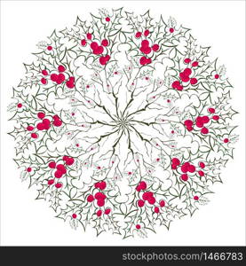 Unique Hand drawing floral holly mandala, zentangle element. Vector illustration. Red and green. Hand drawing floral holly mandala, zentangle element.