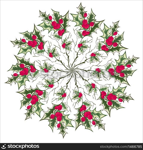 Unique Hand drawing floral holly mandala, zentangle element. Vector illustration. Red and green. Hand drawing floral holly mandala, zentangle element.