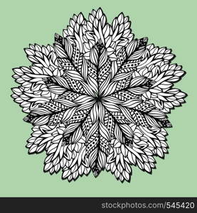 Unique mandala with leaves. Round zentangle for coloring book pages. Circle ornament pattern for henna tattoo design.. Unique mandala with leaves. Round zentangle for coloring book pages. Circle ornament pattern for henna tattoo design