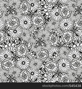 Unique pattern with doodle flowers. Vector illustration for coloring book page design.. Unique pattern with doodle flowers. Vector illustration for coloring book page design