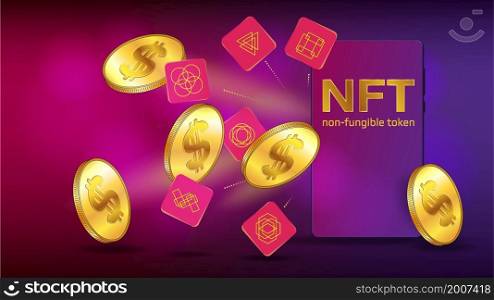 Unique tokens and gold coins of US dollars fly out from cellphone. Concept of earning dollars USD on NFT non fungible token. Colorful template for banner or game.. Unique tokens and gold coins of US dollars fly out from cellphone. Concept of earning dollars USD on NFT non fungible token. Colorful template for banner or game. Vector illustration.