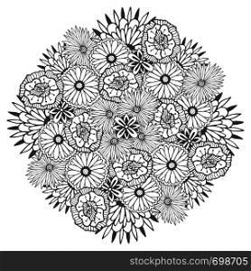 Unique vector mandala with flowers. Ornamental round floral zentangle for coloring book pages.. Unique vector mandala with flowers. Ornamental round floral zentangle for coloring book pages