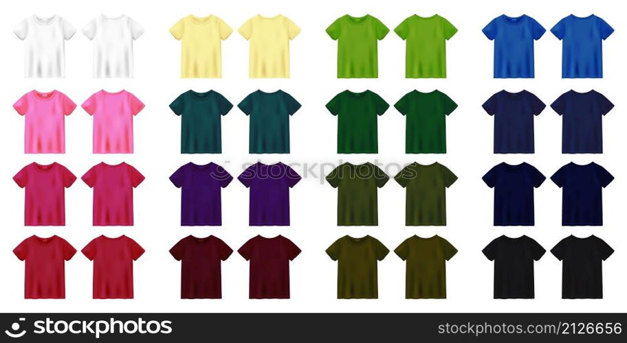 Unisex colored t shirt mock up. T-shirt design template. Pink, red, green, blue, black, white, yellow, malachite, purple, burgundy, khaki. Short sleeve tee. Front and back views. Vector illustration.. Unisex colored t shirt mock up. T-shirt design template.