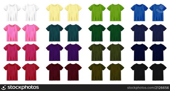 Unisex colored t shirt mock up. T-shirt design template. Pink, red, green, blue, black, white, yellow, malachite, purple, burgundy, khaki. Short sleeve tee. Front and back views. Vector illustration.. Unisex colored t shirt mock up. T-shirt design template.