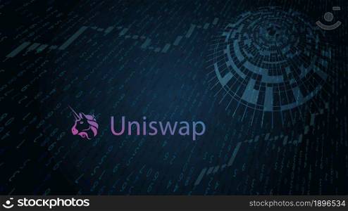 Uniswap cryptocurrency stock market name with logo on abstract digital background. Crypto stock exchange for news and media. Vector EPS10.
