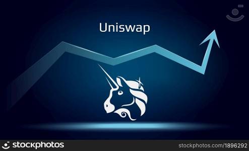 Uniswap UNI in uptrend and price is rising. Crypto coin symbol and up arrow. Uniswap flies to the moon. Vector illustration.