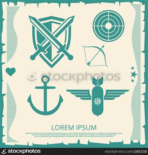 Unit military army and navy elements - anchor, swords, arrow, bomb. Vector illustration. Military army and navy elements - anchor, swords, arrow, bomb