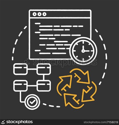 Unit testing chalk concept icon. Software development stage idea thin line illustration. Application perfomance verification. Java source code. IT project idea. Vector isolated chalkboard illustration