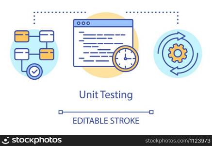 Unit testing concept icon. Examine computer program component idea thin line illustration. Software testing process. Indicating issues and problems. Vector isolated outline drawing. Editable stroke