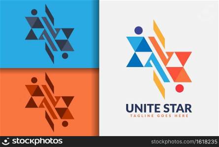 Unite Star Logo Design. Abstract Colorful Star with Connection People Style Concept.