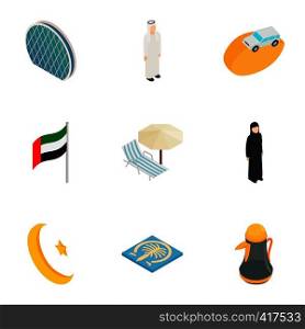 United Arab Emirates elements icons set. Isometric 3d illustration of 9 United Arab Emirates elements vector icons for web. United Arab Emirates elements icons set