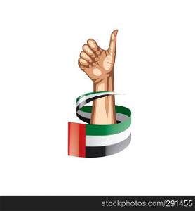United Arab Emirates flag and hand on white background. Vector illustration.. United Arab Emirates flag and hand on white background. Vector illustration