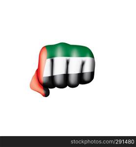 United Arab Emirates flag and hand on white background. Vector illustration.. United Arab Emirates flag and hand on white background. Vector illustration
