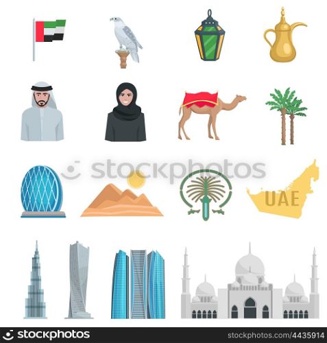United Arab Emirates Flat Icons . United arab emirates flat Icons with symbols of state and cultural objects isolated vector illustration