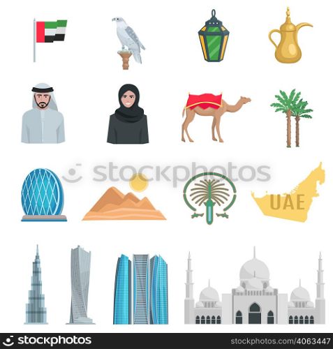 United arab emirates flat Icons with symbols of state and cultural objects isolated vector illustration. United Arab Emirates Flat Icons