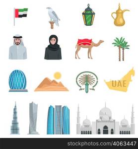 United arab emirates flat Icons with symbols of state and cultural objects isolated vector illustration. United Arab Emirates Flat Icons