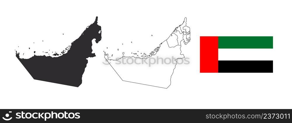 United Arab Emirates Map. Flag of United Arab Emirates. Emirates of the United Arab Emirates. Vector illustration
