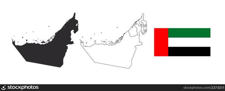 United Arab Emirates Map. Flag of United Arab Emirates. Emirates of the United Arab Emirates. Vector illustration
