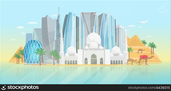 United Arab Emirates Poster. United arab emirates poster with view at mosque and modern buildings on blue background vector illustration