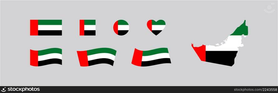 United Arab Emirates set flag and map. UAE country icon. Vector isolated flat illustration