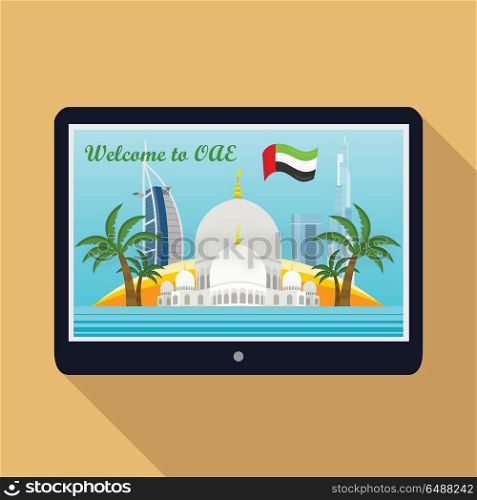United Arab Emirates Travelling Banner on Tablet. United Arab Emirates traveling banner. Landscape with arabic landmarks on tablet screen. Skyscrapers. Grand Mosques. Nature and architecture. Part of series of travelling around the world. Vector