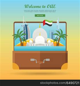 United Arab Emirates Travelling Banner. Suitcase. Welcome to UAE. United Arab Emirates travelling banner on photo in the suitcase. Landscape with traditional arabic landmarks. Going to vacation. Part of series of travelling around the world. Vector
