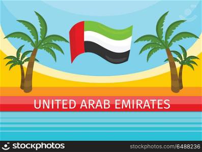 United Arab Emirates Travelling Banner. Welcome. Welcome to UAE. United Arab Emirates travelling banner. Landscape with sea, palm trees and national flag. Beautiful nature. Part of series of travelling around the world. Vector illustration