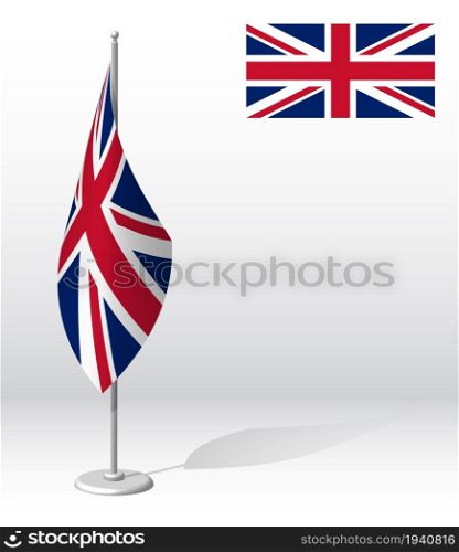 United Kingdom flag on flagpole for registration of solemn event, meeting foreign guests. National independence day of United Kingdom. Realistic 3D vector on white