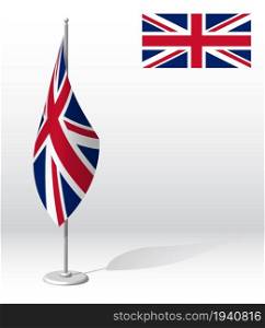 United Kingdom flag on flagpole for registration of solemn event, meeting foreign guests. National independence day of United Kingdom. Realistic 3D vector on white