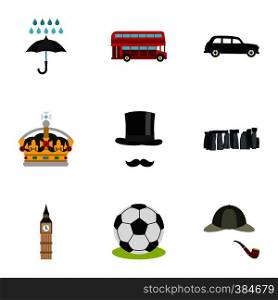 United Kingdom icons set. Flat illustration of 9 United Kingdom vector icons for web. United Kingdom icons set, flat style