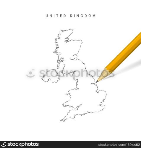 United Kingdom sketch outline map isolated on white background. Empty hand drawn vector map of Great Britain. Realistic 3D pencil with soft shadow.. United Kingdom freehand sketch outline vector map isolated on white background