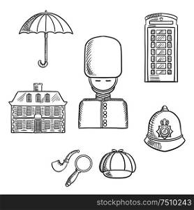 United Kingdom travel sketch icons and symbols with guard soldier, telephone booth, police helmet, detective cap, pipe and magnifier, umbrella and old building. United Kingdom travel sketched icons