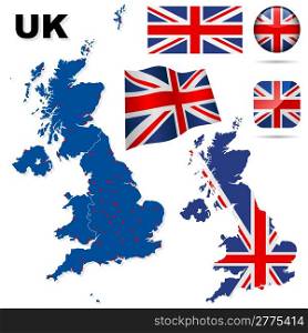 United Kingdom vector set. Detailed country shape with region borders, flags and icons isolated on white background.