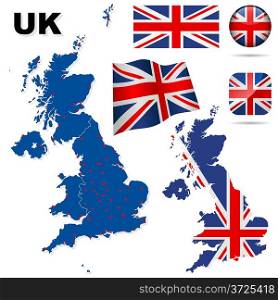 United Kingdom vector set. Detailed country shape with region borders, flags and icons isolated on white background.