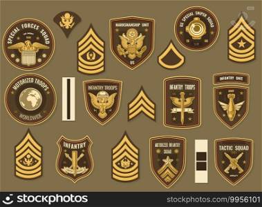 United States army military vector chevrons for officer uniform. Special forces and tactic squad, marksmanship unit, us special sniper, worldwide motorized and infantry troops. Rank stripes and eagles. United States army military vector officer chevron