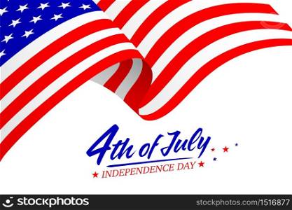 United States of America 4th of July, Independence Day. Calligraphic Fourth of July with flag. Vector typography for banner or poster design. Illustration on white.